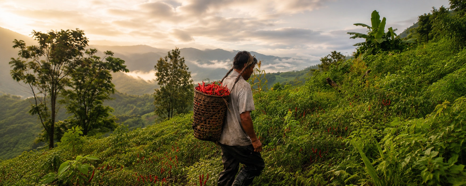 A farmer carrying a cane basket of red chillies down a hillside at sunrise