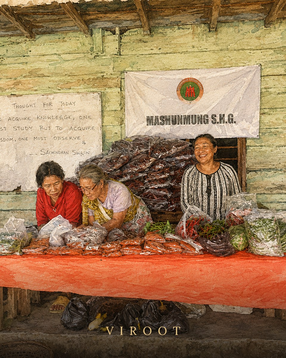 Illustration of three women behind a market stall stacked with bagged chillies and beans