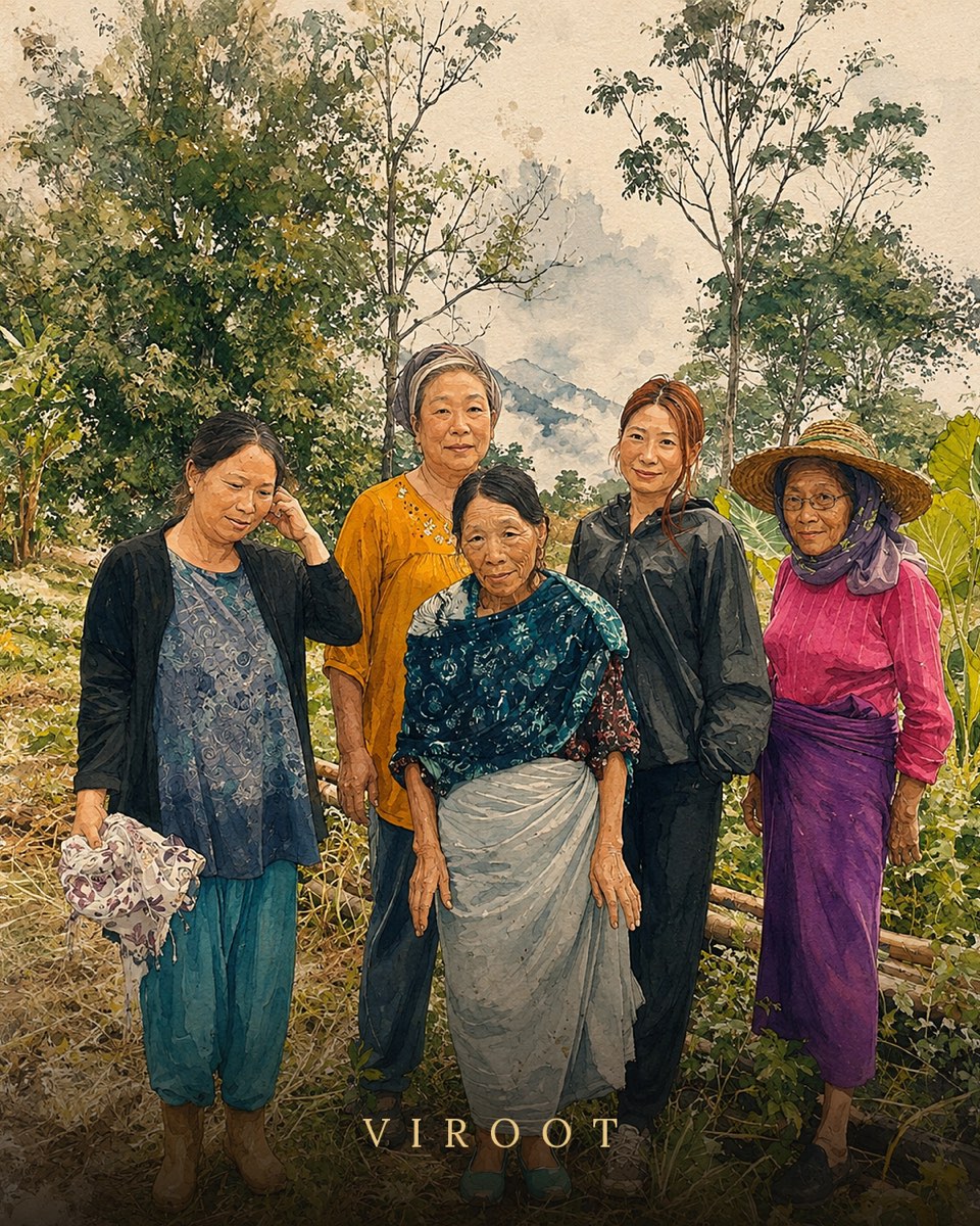 Illustrated portrait of five women growers standing at the edge of a hill plot