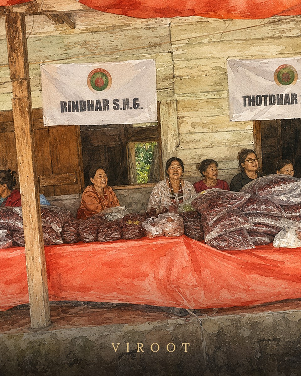 Illustration of a row of market stalls with produce laid out on tables