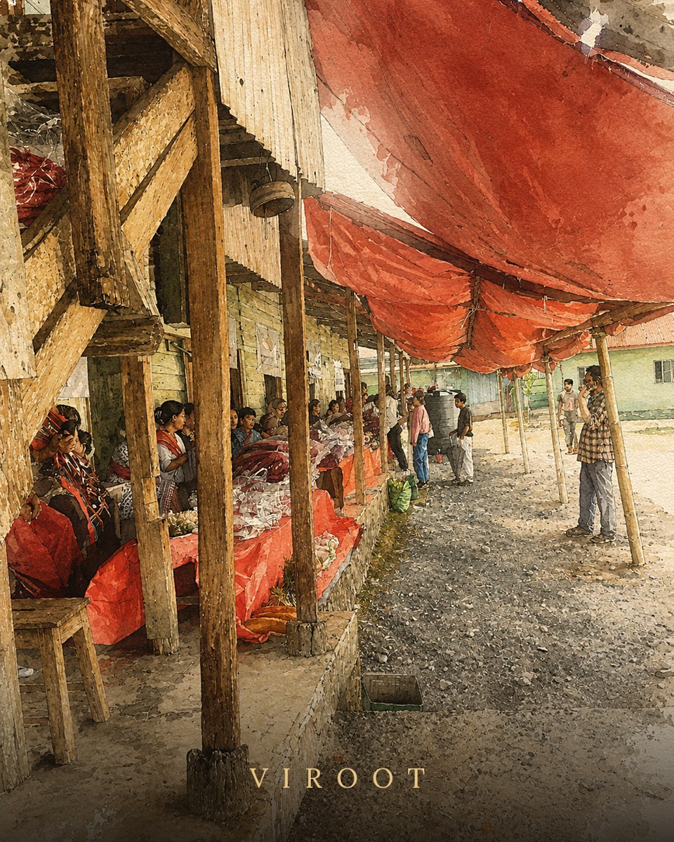 Illustration of a covered market row under red awnings, sellers seated behind laden tables